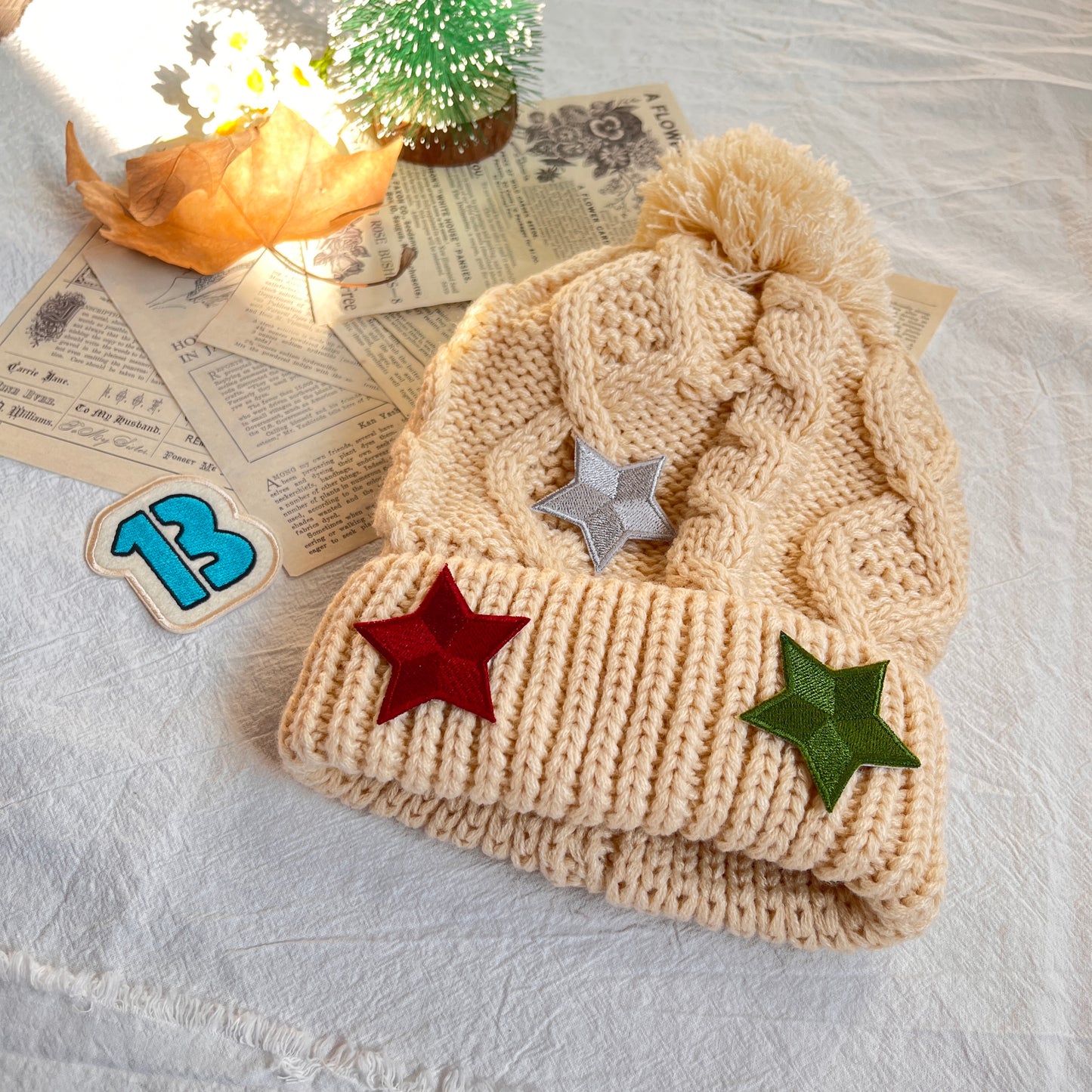 Custom Embroidery Cream Knitted Beanie