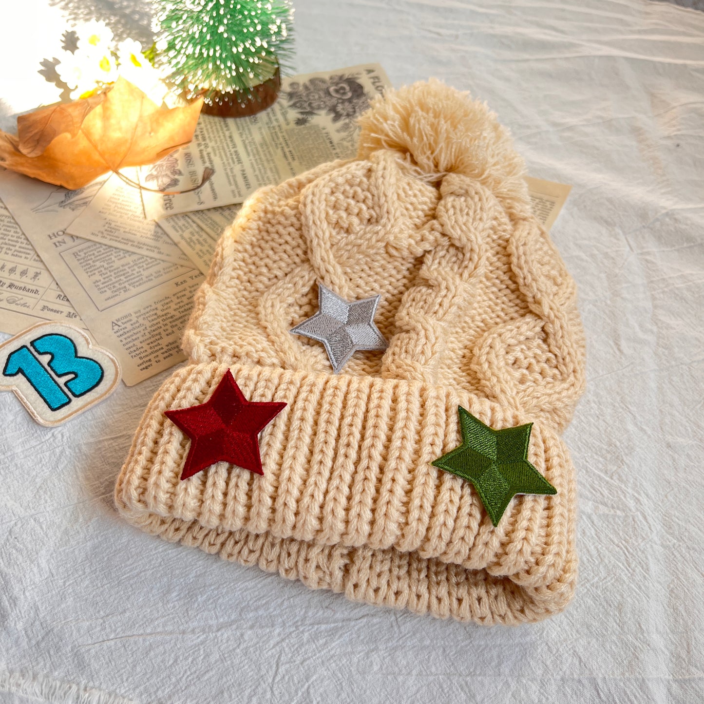 Custom Embroidery Cream Knitted Beanie
