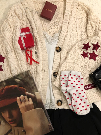 Folklore Red Stars Embroidery Cream Cardigan Taylor Version