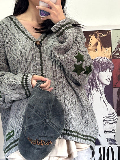 Folklore Green Stars Embroidery Gray Holiday Limited Cardigan