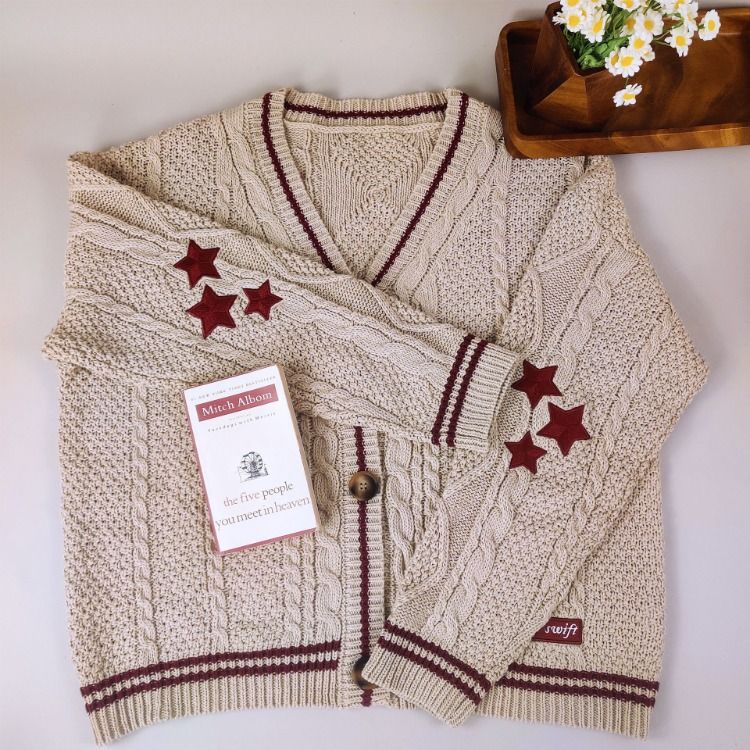 Folklore Red Stars Embroidery Beige Cardigan