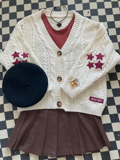 Folklore Red Stars Embroidery Cream Cardigan Taylor Version