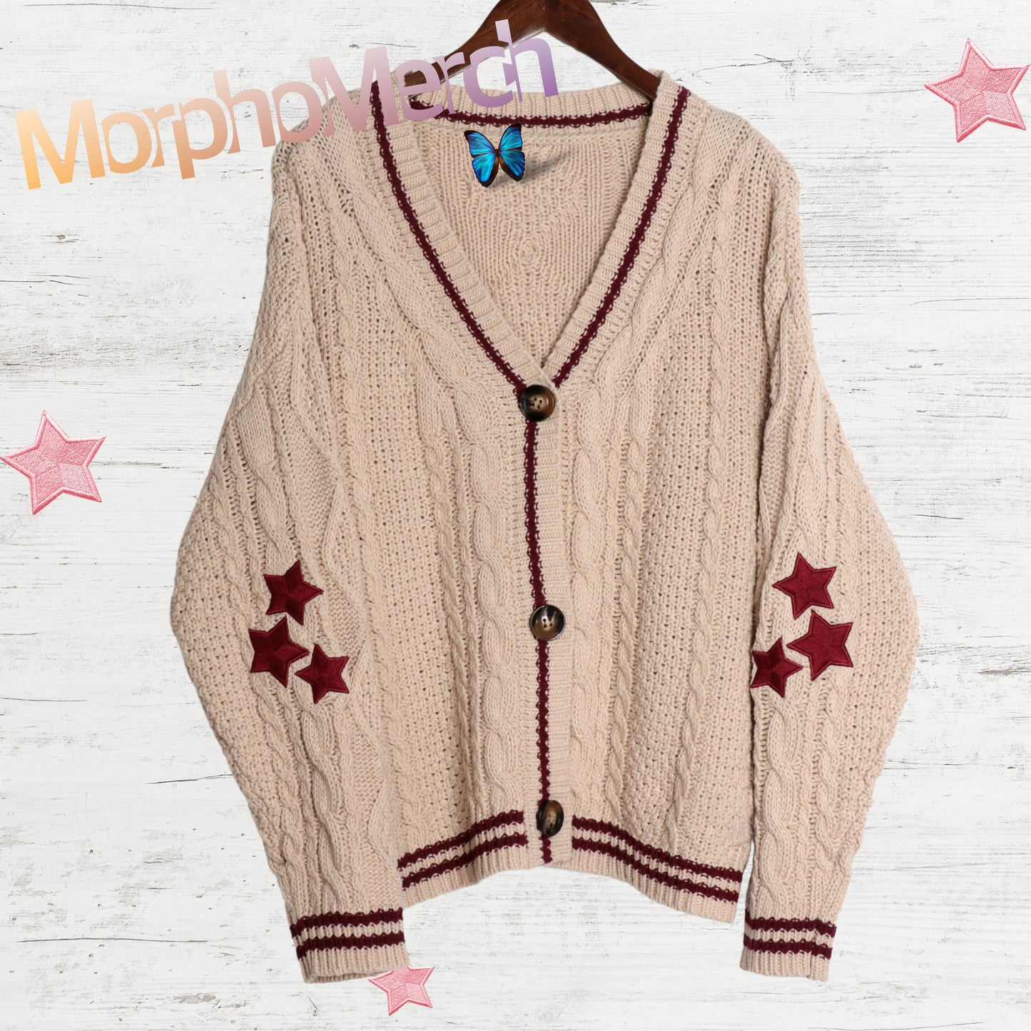 Custom Red Stars Beige Cardigan