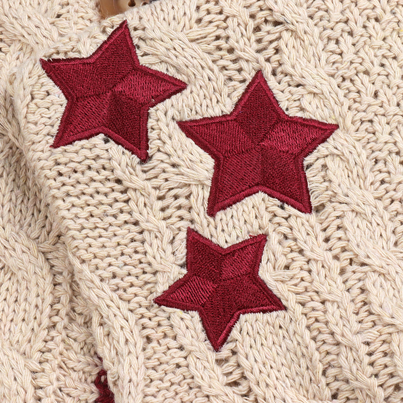 Folklore Red Stars Embroidery Beige Cardigan