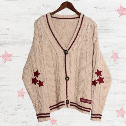 Folklore Red Stars Embroidery Beige Cardigan