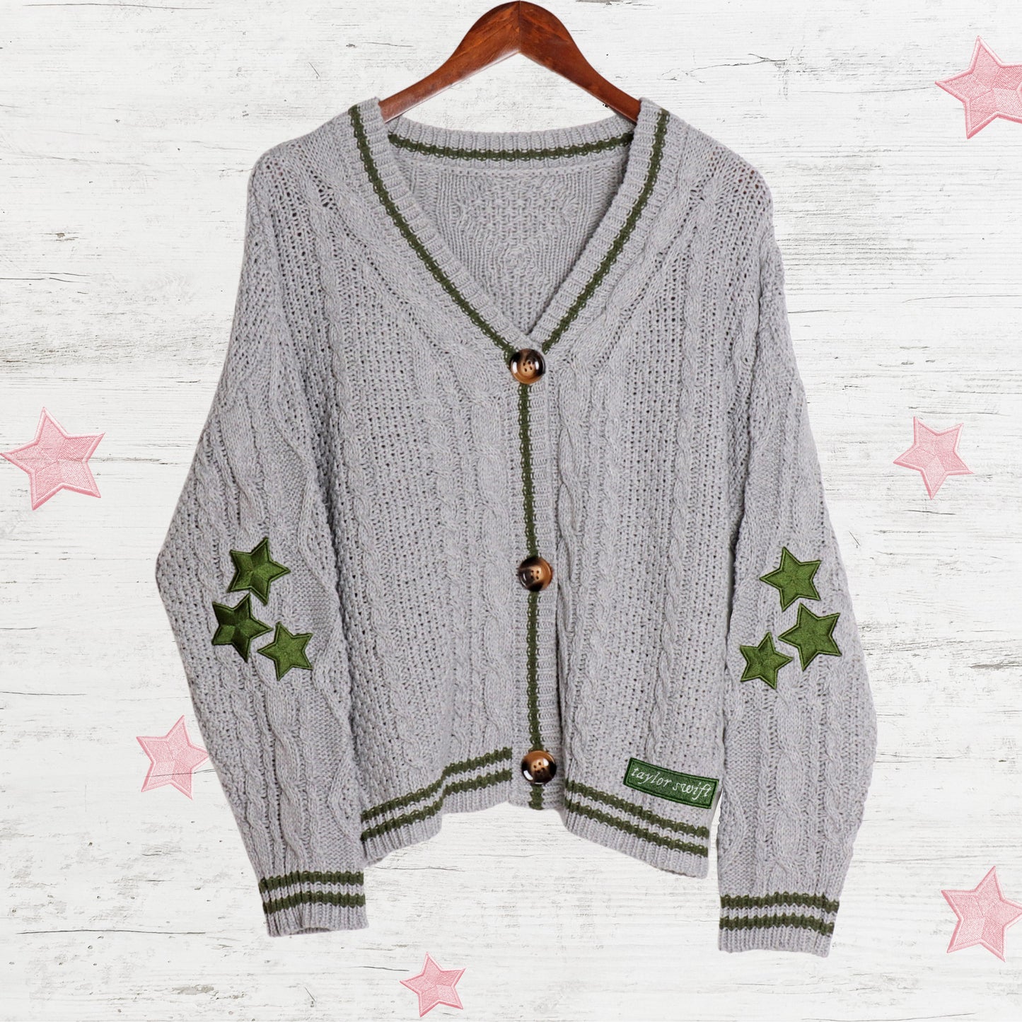 Folklore Green Stars Embroidery Gray Holiday Limited Cardigan